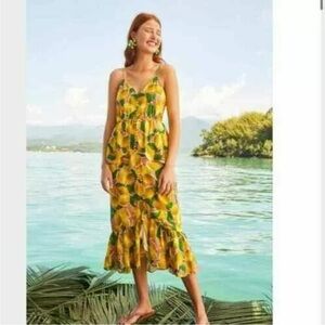 FARM RIO Fresh Lemons Ruffled Eyelet Linen Blend Midi Dress Yellow Green Dress